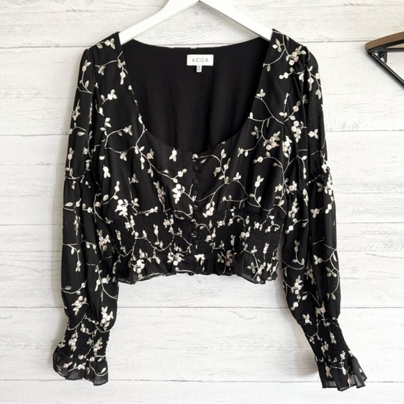 ACOA Black Square Neck Low Cut Floral Embroidered Blouse - Picture 3 of 11